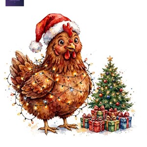 May include: A brown chicken wearing a red and white Santa hat, wrapped in a string of glowing yellow Christmas lights. Beside the chicken stands a small decorated Christmas tree with several colorful gift boxes tied with red ribbons.