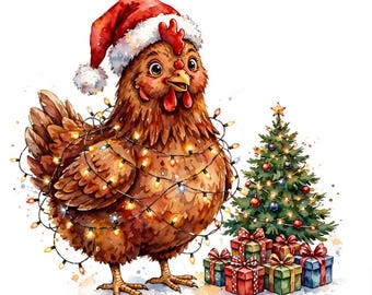 Puede incluir: Una gallina marrón con un gorro de Papá Noel rojo y blanco, envuelta en una cadena de luces brillantes, junto a un pequeño árbol de Navidad decorado y varias cajas de regalo coloridas con lazos. El texto NEXTGEN CREATIONS es visible.