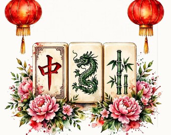 Mahjong PNG | Lantern Festival Tiles Sublimation Design | Peony Mahjong Shirt PNG | Digital Download
