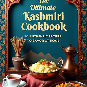 May include: A cookbook cover with a teal background and a gold archway. The title is "The Ultimate Kashmiri Cookbook" with the subtitle "20 Authentic Recipes to Savor at Home". The cover features a bowl of rice, a copper teapot, and a cup of tea.
