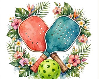 Puede incluir: Dos palas de pickleball, una roja y otra verde azulado, están cruzadas detrás de una pelota de pickleball de color verde lima brillante. Las palas y la pelota están rodeadas por una ilustración en acuarela de hojas de palma, hibiscos y orquídeas.