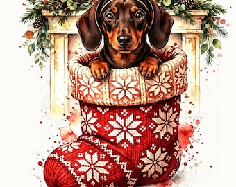 PNG de perro salchicha navideño, diseño de sublimación de acuarela de perro salchicha en un calcetín navideño de punto, imágenes prediseñadas de lindo perro salchicha
