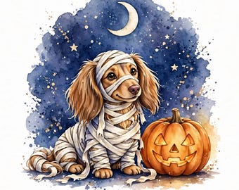 May include: A watercolor illustration of a long-haired brown dachshund wrapped in white bandages like a mummy, sitting next to an orange jack-o'-lantern. The background features a dark blue night sky with a crescent moon and yellow stars.