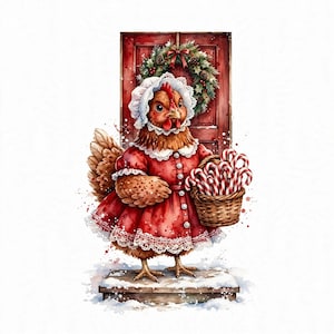 Pollo navideño PNG, diseño de sublimación de gallina de la Sra. Claus en acuarela, cesta de bastones de caramelo, puerta de casa de campo, descarga digital