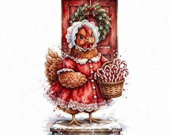 Pollo navideño PNG, diseño de sublimación de gallina de la Sra. Claus en acuarela, cesta de bastones de caramelo, puerta de casa de campo, descarga digital