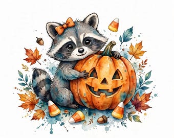 Puede incluir: Una ilustración en acuarela de un mapache gris con un pequeño lazo naranja en la cabeza, abrazando una calabaza tallada de color naranja. La escena está decorada con hojas de otoño, bellotas marrones y dulces de maíz.