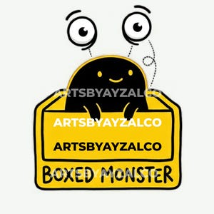 May include: A cartoon illustration of a black monster with a smiling face peeking out of a yellow box. The box has the text "ARTSBYAYZALCO" and "BOXED MONSTER" in black. Two large, black and white eyes are above the monster.