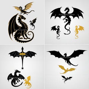 Puede incluir: Una colección de ilustraciones de dragones en negro y dorado. Los dragones se representan en varias poses, incluyendo volando y sentados. Los diseños presentan detalles intrincados y son adecuados para proyectos de temática fantástica. El texto "ArtsbyAyzalco" es visible.