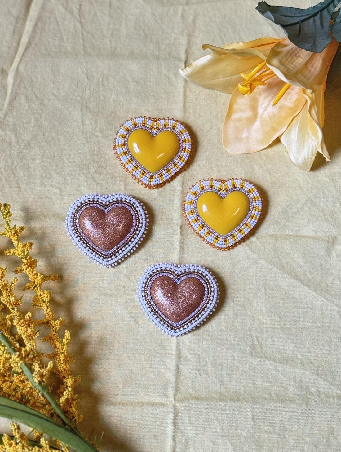 Yellow and Gold Glitter Beaded Heart Earrings – Handmade Beaded Jewelry for Everyday or Formal Looks | Indigenous & Asian Made