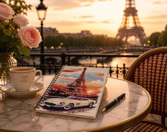 Paris Travel Journal – Handmade Vintage Notebook with Eiffel Tower & Car | Travel Journal | Paris Gift | Memory Book