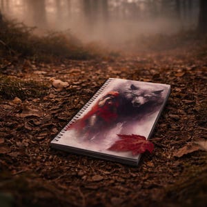 Op de afbeelding: Een open spiraalgebonden notitieboek op een bosbodem met een aquarel illustratie van Roodkapje en een wolf. Een rood esdoornblad ligt op de pagina. De scène speelt zich af in een mistig bos met een vage achtergrond.