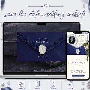 May include: A digital save the date wedding website template displayed on a laptop and smartphone screen. The design features a dark blue envelope with lace trim and a wax seal, alongside text including "save the date wedding website" and "London, United Kingdom".