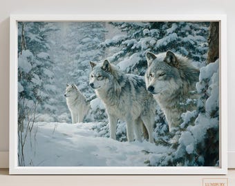 Winter Wolf Wall Art, Snowy Forest Poster, Vintage Wolf Art, Winter Wildlife Print, Instant Download