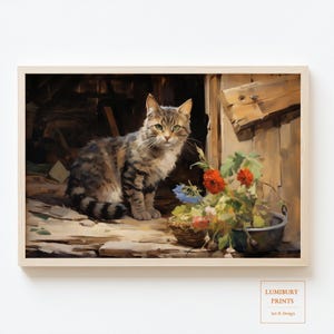 May include: A tabby cat with green eyes sits on a wooden surface in a barn. The cat is looking at the viewer. There are flowers in a basket and a metal bowl in the foreground.