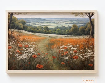 Vintage Wildflower Meadow Print, Poppy Field Wall Art, Spring Landscape Poster, Nature Path Decor, Countryside Artwork, Digital Wall Art
