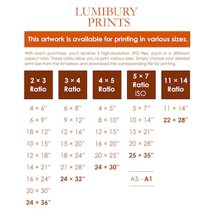 Printable Wall Art Size Guide - This chart displays available sizes for digital downloads, including ratios 2:3, 3:4, 4:5, 5:7, and 11:14. Compatible with frames in sizes 4x6, 8x10, 16x20, A4, A3, and more. Perfect for high-resolution printing at home or professionally.