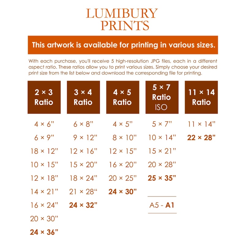 Printable Wall Art Size Guide - This chart displays available sizes for digital downloads, including ratios 2:3, 3:4, 4:5, 5:7, and 11:14. Compatible with frames in sizes 4x6, 8x10, 16x20, A4, A3, and more. Perfect for high-resolution printing at home or professionally.