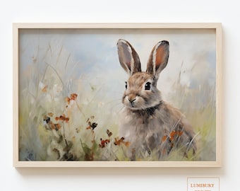 Vintage Impressionist Bunny Oil Painting - Neutral Easter Wall Art - Rustic Farmhouse Decor - Digital Download