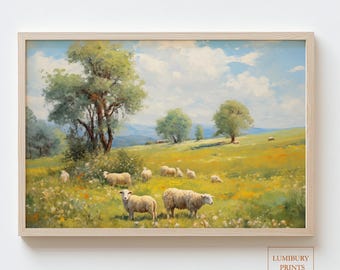 Sheep Wall Art, Meadow Painting Wall Art, Summer Landscape print, rustic meadow landscape, vintage country wall decor art, Instant Download