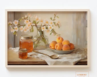 Vintage Apricot Wall Art, Fruit Still Life, Botanical Poster, Printable Wall Art, Cottagecore Decor, Kitchen Decor, Digital Download