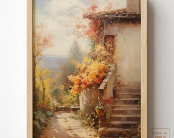 Autumn Cottage Print, Cottage Garden Wall Art, Rustic Cottagecore Wall Art, Fall Landscape Painting, Vintage Fall Decor, Digital Download