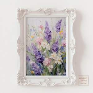 A tall-format art print filled with blooming lavender and wildflowers, ideal for narrow wall spaces or gallery collections. This artwork brings a serene French countryside feel to bathrooms, hallways, or reading nooks.