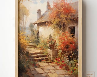 Autumn Cottage Poster, Cottage Garden Decor, Cottagecore Wall Art, Cozy Cottagecore Decor, Vintage Fall Landscape Print, Digital Download