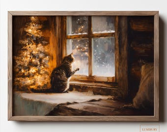 May include: A framed print depicts a tabby cat gazing out a window at a snowy scene. A Christmas tree with glowing lights is to the left. The artwork is in a wooden frame.