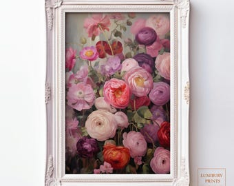 Vintage Ranunculus Print, Bold Floral Wall Art, Botanical Flower Poster, Wall Decor for living room, Cottagecore Printable, Digital Download