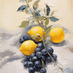 A vibrant arrangement of yellow lemons and dark blueberries is portrayed with impressionistic brushwork, set on a neutral cloth. The juxtaposition of color and organic form creates a lively composition. This artwork is perfect for adding seasonal charm and bold contrast to kitchen wall spaces.