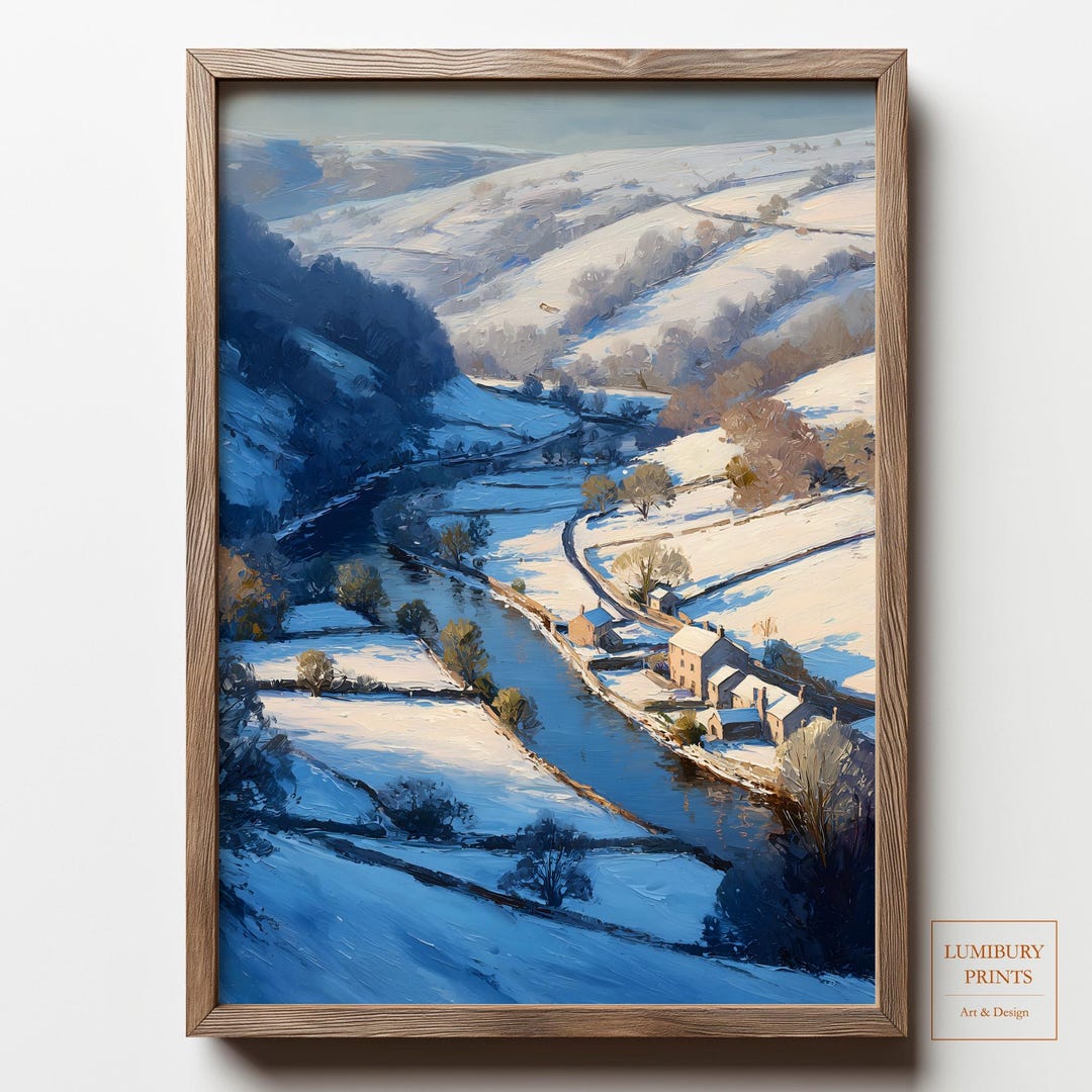 Winter Landscape Wall Art, Snowy Mountain Print, Winter Village Print ...