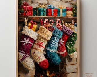 Decoración de pared con diseño de calcetín navideño, lámina imprimible para vacaciones, estampado de bastón de caramelo, decoración festiva para las fiestas, descarga digital.