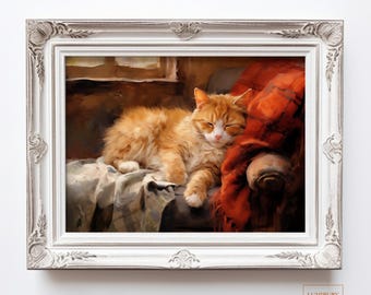 May include: A framed print of a ginger cat sleeping on a sofa. The cat is lying on a patterned blanket, with a red plaid blanket draped over the back of the sofa. The print is in a white ornate frame.