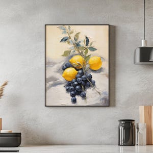 This digital oil painting captures the crisp freshness of lemons and blueberries placed on a textured background. The bold yellow and blue palette provides an uplifting accent for kitchen decor. Ideal for seasonal summer interiors or nature-inspired living spaces, this printable art combines elegance with simplicity.