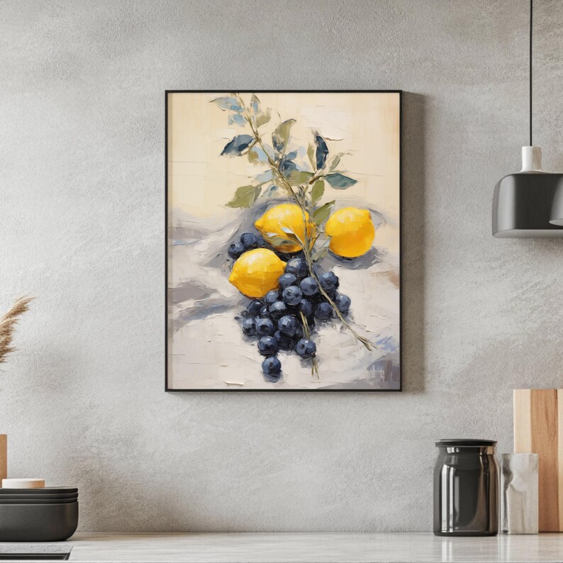 This digital oil painting captures the crisp freshness of lemons and blueberries placed on a textured background. The bold yellow and blue palette provides an uplifting accent for kitchen decor. Ideal for seasonal summer interiors or nature-inspired living spaces, this printable art combines elegance with simplicity.
