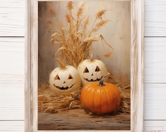 Soft Halloween Wall Art, Jack O Lantern Print, Pumpkin Halloween Print, Halloween Art Print, Farmhouse Halloween Decor, Digital Download