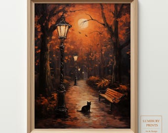 Arte de parede de gato preto para o Halloween, decoração de outono para casa, decoração vintage de Halloween, pôster de lua cheia, decoração rústica de outono para parede, download instantâneo