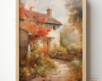 Autumn Cottage Decor, Cozy Cottagecore Print, Autumn Landscape Painting, Rustic Country Wall Art, Vintage Fall Home Decor, Digital Download