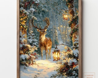 Christmas Reindeer Wall Art, Winter Forest Reindeer Wall Art, Vintage Impasto Painting, Digital Download