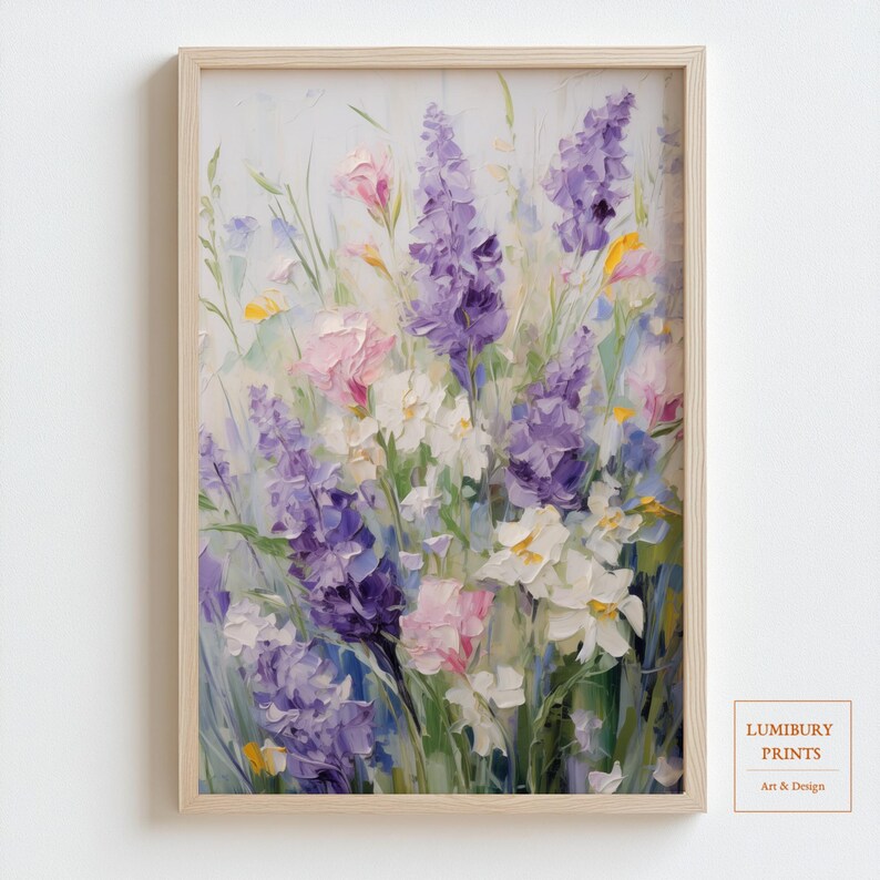 A vintage-style painting of lavender and soft blooms in muted tones, this print brings nostalgic charm to cottagecore spaces, rustic kitchens, or Provence-themed wall displays.