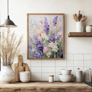 Lavender and wildflowers burst with color in this rustic printable kitchen decor. With its soft vintage tones and Provençal charm, it’s ideal for farmhouse dining areas or country-style wall arrangements.