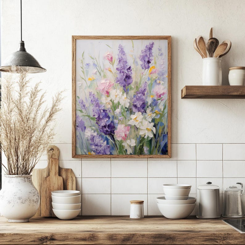 Lavender and wildflowers burst with color in this rustic printable kitchen decor. With its soft vintage tones and Provençal charm, it’s ideal for farmhouse dining areas or country-style wall arrangements.