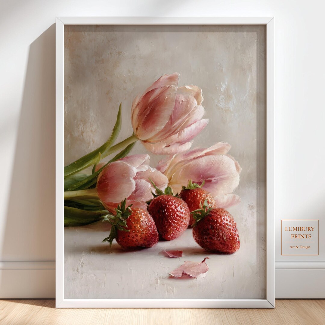 Strawberry Wall Art Print, Pink Tulip Wall Art, Floral Botanical Print ...
