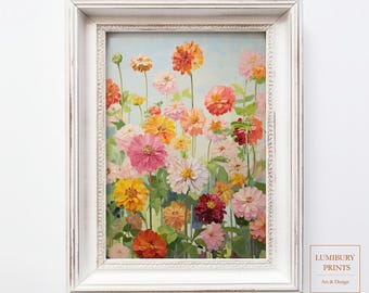 Zinnia Wall Art, Colorful Summer Flower Print, Garden Floral Artwork, Botanical Wall Poster, Cottagecore Wall Decor, Instant Download
