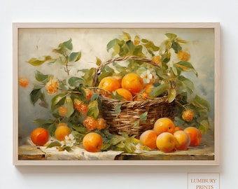 May include: A framed print of a still life featuring a woven basket overflowing with oranges. Green leaves and small white flowers surround the basket. The painting has a soft, painterly style with warm, inviting colors. The print is labeled "LUMIBURY PRINTS Art & Design."