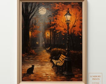 Arte digital de gato preto para o Halloween, pôster de Halloween de outono, impressão vintage de Halloween, decoração rústica de outono, arte de parede de gato assustador, download instantâneo