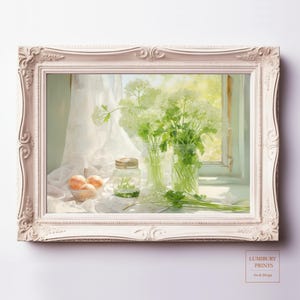 Kräuter Wand Kunst, Botanische Küche Poster, Petersilie Stillleben Druck, frische grüne Dekoration, Vintage Gartenkräuter Kunstwerk, Cottage Küche Download