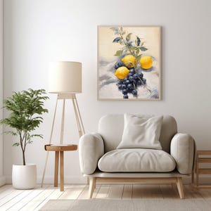 With textured strokes and warm hues, this artwork presents lemons and blueberries on a folded linen cloth. The leafy stem introduces a vertical dynamic, enriching the rustic charm. Ideal for kitchens, cafes, or any cozy interior seeking vintage fruit wall art.