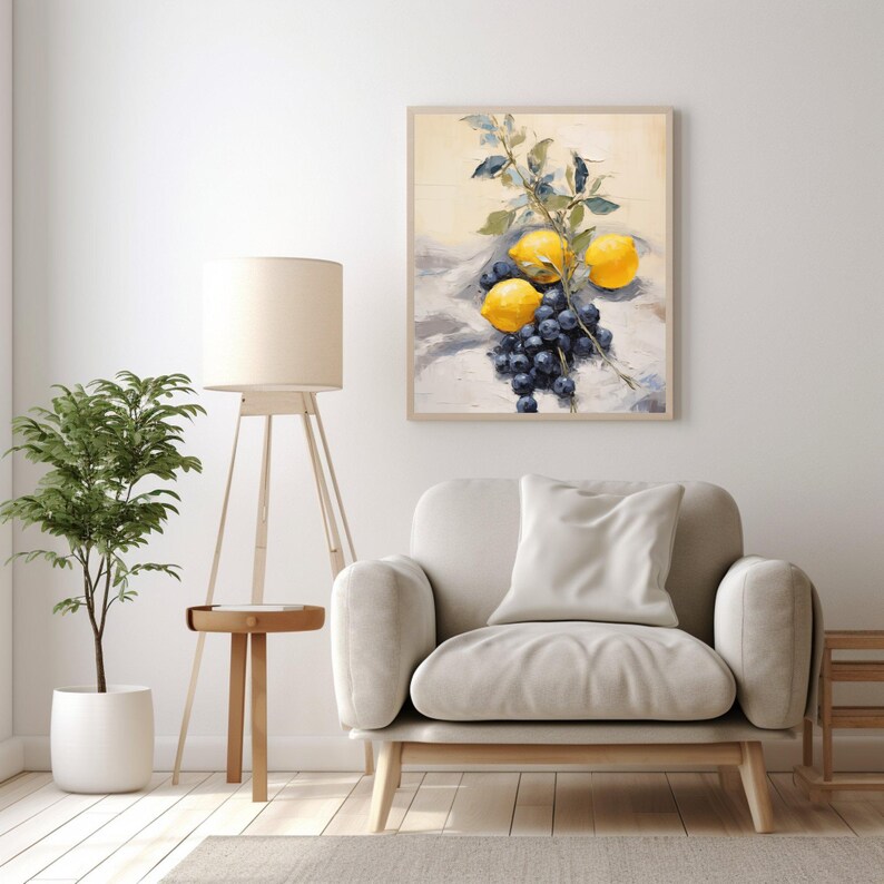 With textured strokes and warm hues, this artwork presents lemons and blueberries on a folded linen cloth. The leafy stem introduces a vertical dynamic, enriching the rustic charm. Ideal for kitchens, cafes, or any cozy interior seeking vintage fruit wall art.