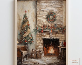 Christmas Printable Wall Art, Rustic Holiday Decor, Farmhouse Christmas Tree, Vintage Fireplace Wall Art, Holiday Wall Art, Instant Download
